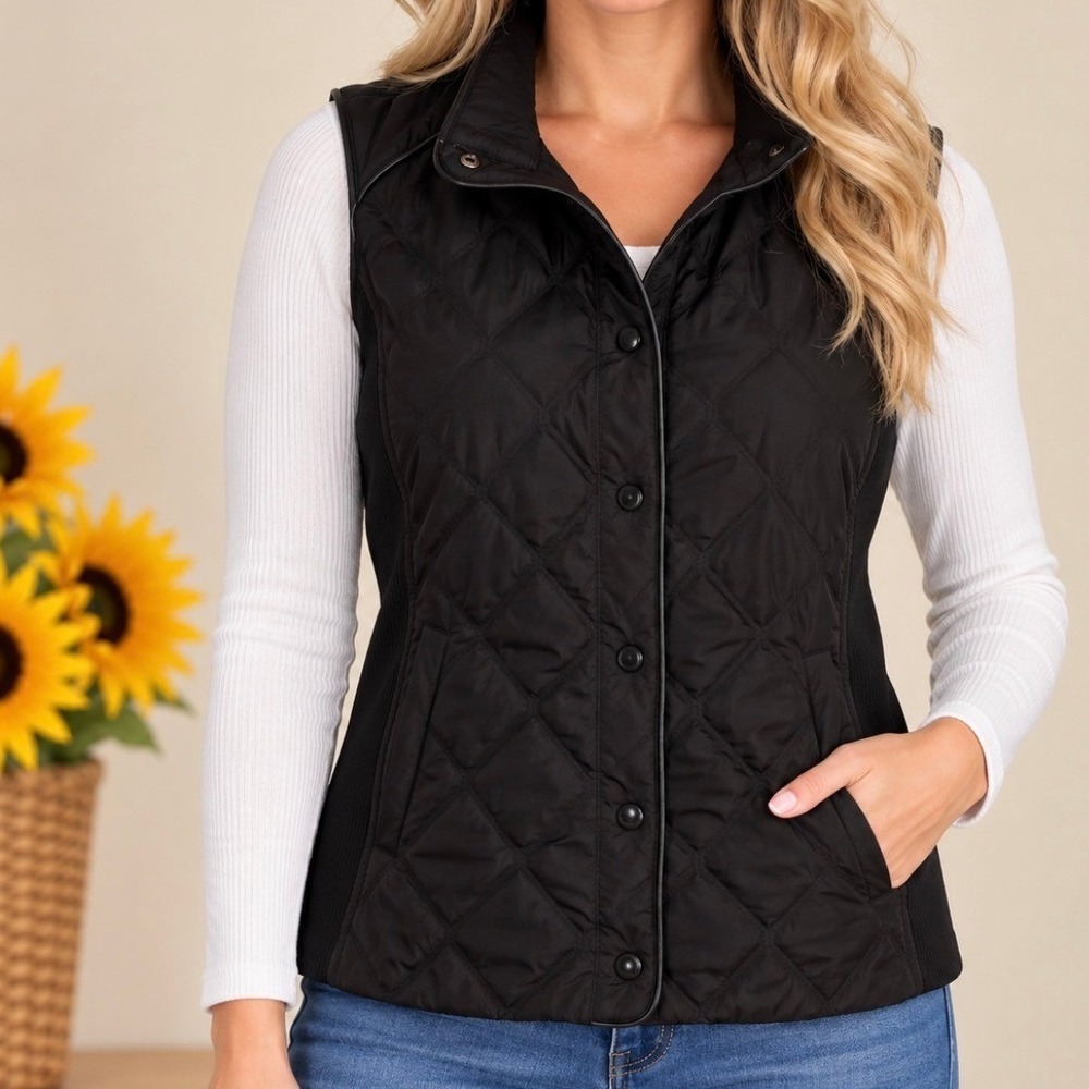 Chico's Quilted Vest Size 1 Small Black Good Diamond Stitch Ribbed Sides